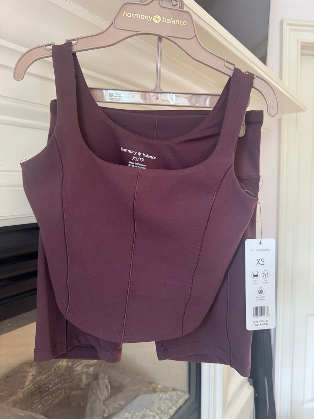 Harmony & Balance Plum Square-Neck set Tank with built in bra and biker shorts